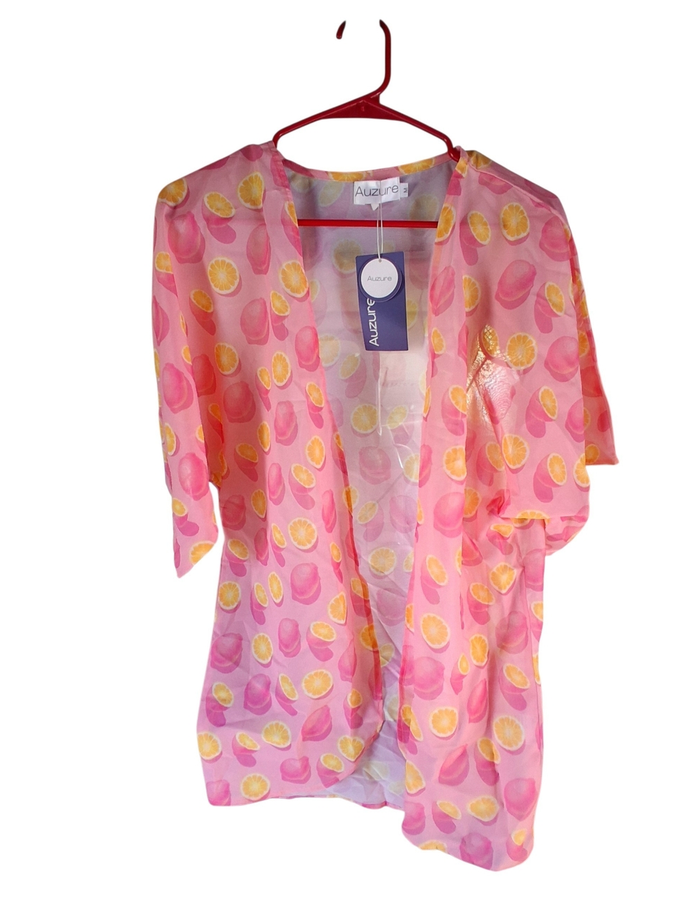 Pink Sheer Lemon-Print Kimono Blouse Auzure Woman's Size M - NWT - Picture 2 of 5